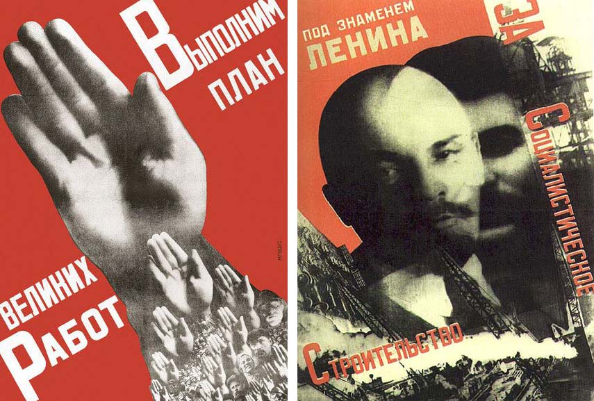 Esquerda: Gustav Klutsis - Trabalhadores, Todos devem votar na Eleição dos Soviéticos! Direita: Cartaz de Propaganda. Imagem: Wide Walls