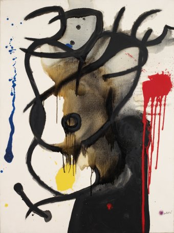 Pintura Figura (1974), de Joan Miró, com traços pretos gestuais e manchas de vermelho, azul e amarelo sobre fundo claro.